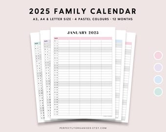 2025 Family Calendar | 2025 Family Planner Printable, 2025 Desk Calendar, 2025 Monthly Calendar, Pastel, A3 A4 Letter PRINTABLE