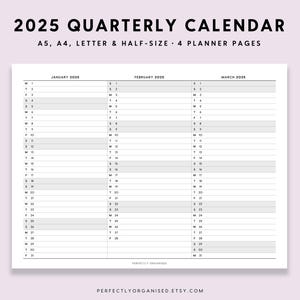 Calendario trimestral 2025 / Calendario desplegable 2025, Calendario plegable 2025, Calendario de 3 meses 2025, Clásico, A5 Carta A4 de tamaño medio IMPRIMIBLE