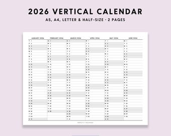 2026 Yearly Calendar Printable: Foldout Vertical Calendar (A5 A4 Letter PDF)