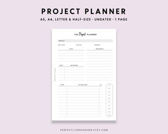 May include: A black and white printable project planner with the title "The Project Planner" in a handwritten font. The planner includes sections for project name, start date, plan, duration, deadline, resources, date, milestone, date, action step, and a checklist.