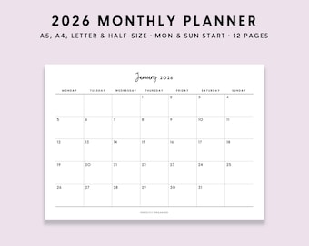 2026 Monthly Planner Printable: Horizontal Month On 1 Page  (A5 A4 Letter PDF)