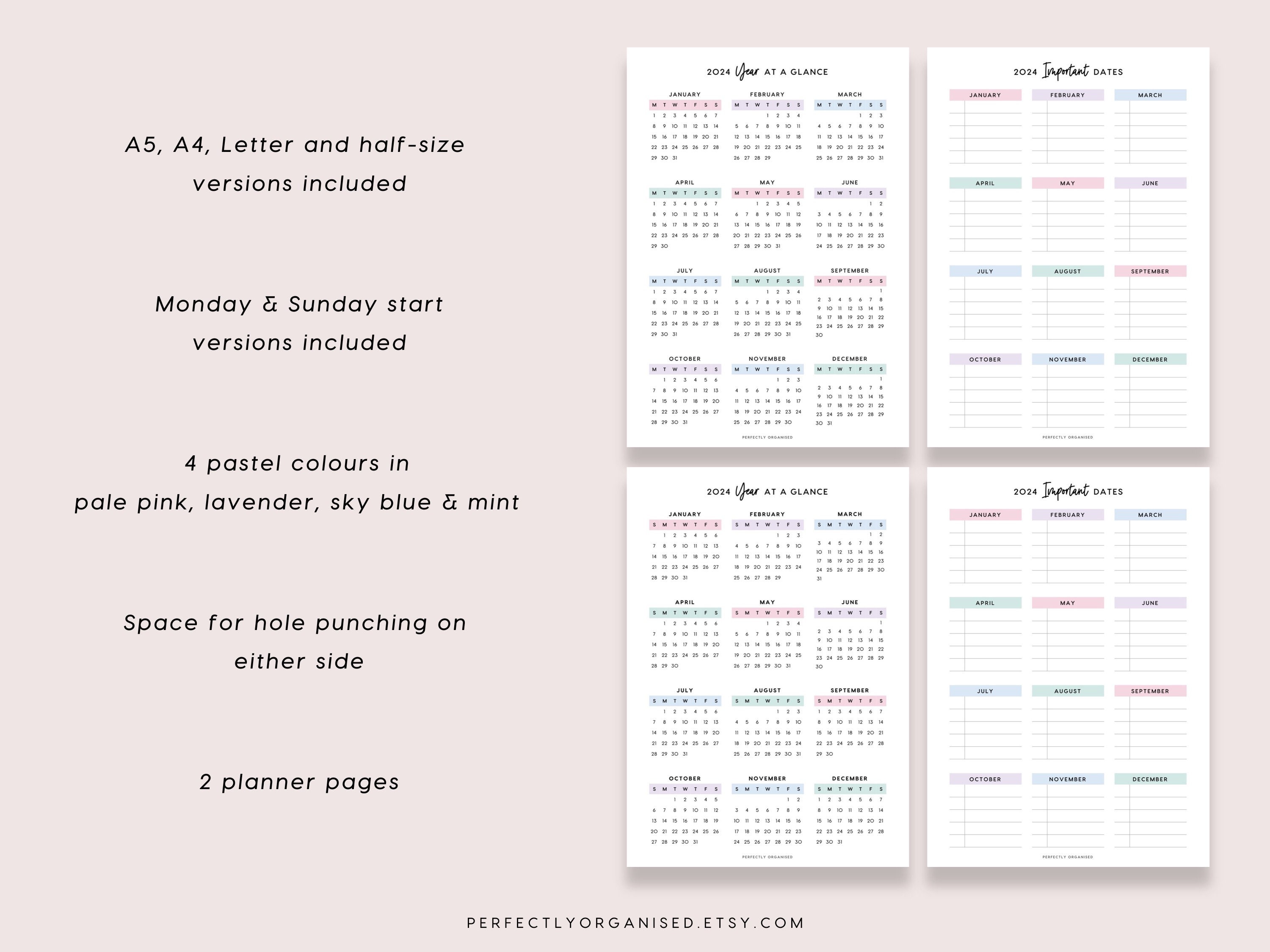 PRINTABLE 2024 Year at Glance & Important Dates 2024 Calendar, 2024 Planner, 2024 Overview