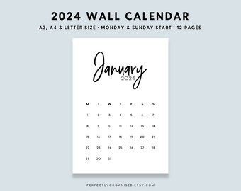 PRINTABLE 2024 Calendar | 2024 Wall Calendar Printable, 2024 Desk Calendar, 2024 Monthly Calendar, Pastel, A3 A4 Letter