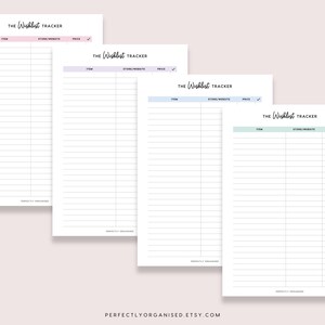 May include: Four white paper wish list trackers with pastel headers in pink, purple, blue, and green. Each tracker has a title, "The Wishlist Tracker", and columns for item, store/website, price, and a checkmark. The bottom of each page has the text "PERFECTLYORGANISED ETSY.COM".
