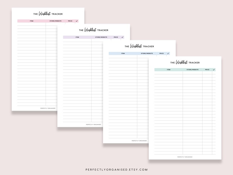May include: Four white paper wish list trackers with pastel headers in pink, purple, blue, and green. Each tracker has a title, "The Wishlist Tracker", and columns for item, store/website, price, and a checkmark. The bottom of each page has the text "PERFECTLYORGANISED ETSY.COM".