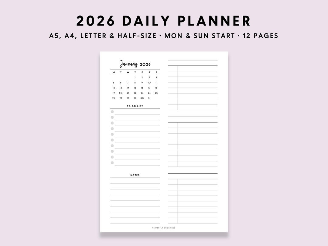 2026 Daily Planner Printable: Day on One Page (A5 A4 Letter PDF) - Etsy