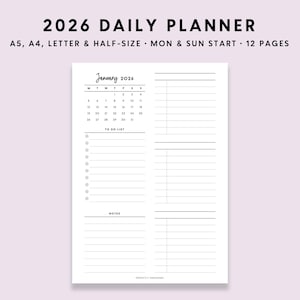 Planificador diario imprimible 2026: Día en una página (A5, A4, Carta, PDF)