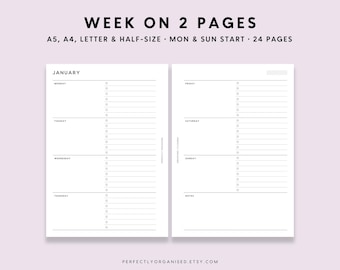 Week On 2 Pages Printable: Weekly Planner Pages (A5 A4 Letter PDF)