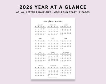 SALE! 2026 Yearly Calendar Printable: Year At A Glance, Important Dates (A5 A4 Letter PDF)