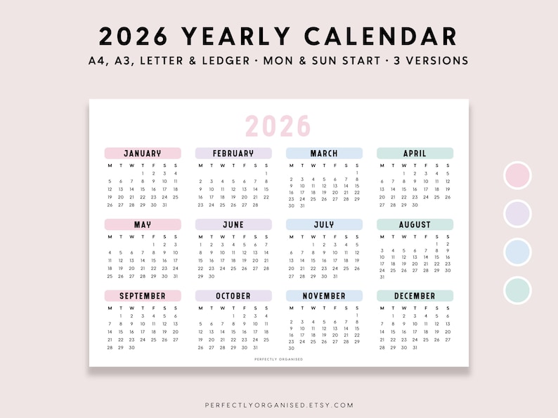2026 Jahreskalender zum Ausdrucken: Pastell Jahresplaner (A4 A3 Letter