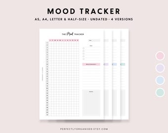 May include: Printable mood tracker in four different sizes: A5, A4, Letter, and Half-Size. The tracker includes a grid for daily mood tracking, a section for notes, and a key for mood indicators. The text "The Mood Tracker" is at the top of the page.