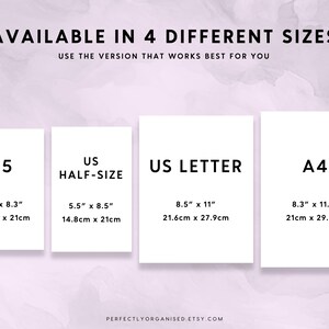 May include: A white card with the text "AVAILABLE IN 4 DIFFERENT SIZES" and "USE THE VERSION THAT WORKS BEST FOR YOU". The card also shows four different paper sizes: A5, US Half-Size, US Letter, and A4. Each size is listed with its dimensions in inches and centimeters.