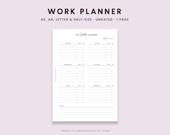 Può includere: Un planner di lavoro stampabile in bianco e nero con il testo "THE Work PLANNER" in alto. Il planner è diviso in sezioni per ogni giorno della settimana, con spazio per appunti in basso.
