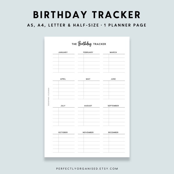 PRINTABLE Birthday Tracker | Birthday Planner, Birthday Reminder, Birthday Insert, Birthdays, Classic, A5 A4 Half-size Letter