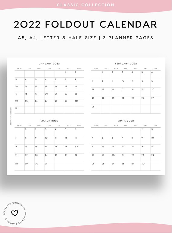 printable 2022 calendar 2022 fold out calendar 2022 etsy