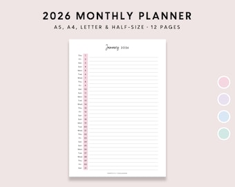 2026 Monthly Planner Printable: Pastel Monthly Dates (A5 A4 Letter PDF)
