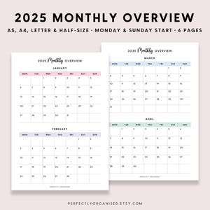 Resumen mensual de 2025 / Resumen de 2 meses de 2025, Calendario 2025, Planificador 2025, Pastel, A5 Carta A4 de tamaño medio IMPRIMIBLE