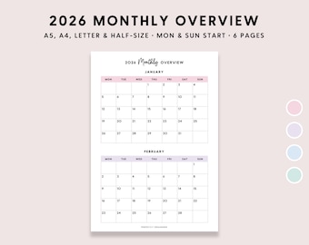 2026 Monthly Planner Printable: Pastel Monthly Overview (A5 A4 Letter PDF)