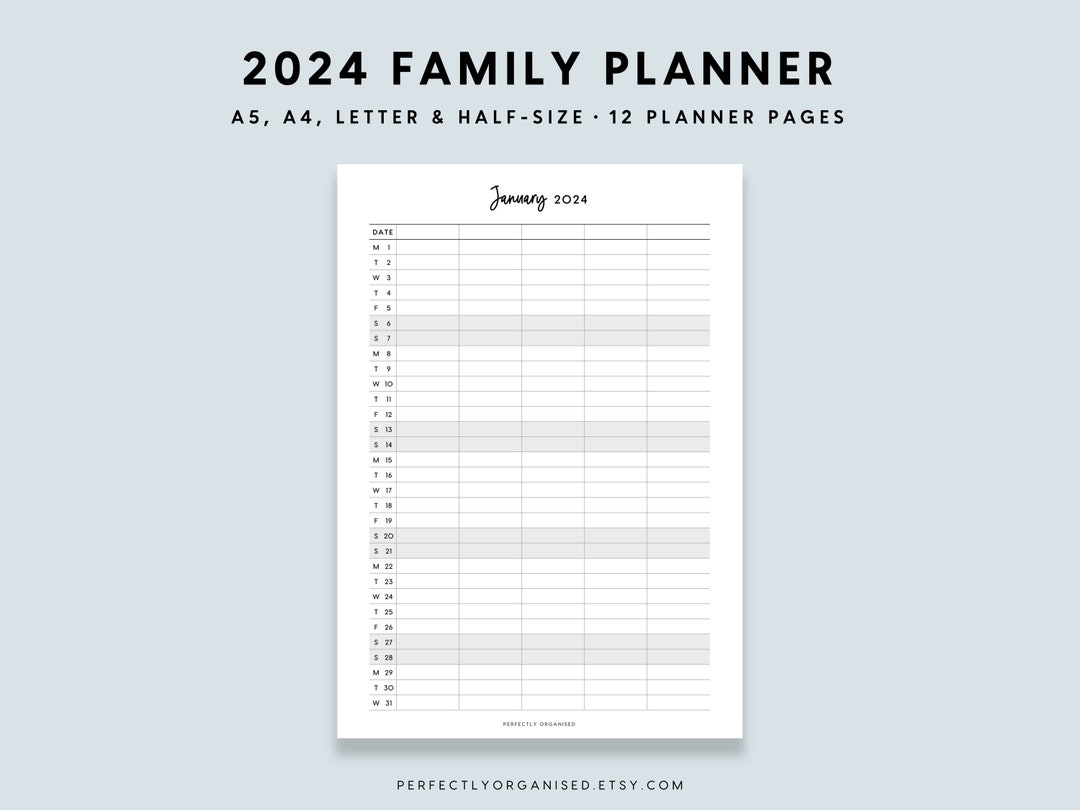 PRINTABLE 2024 Family Planner 2024 Family Calendar, 2024 Monthly Planner,  2024 Monthly Calendar, Classic, A5 Half-size A4 Letter 