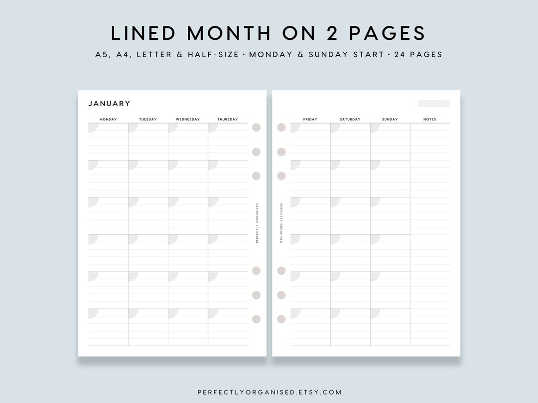 PRINTABLE Lined Month on 2 Pages Monthly Planner Monthly - Etsy
