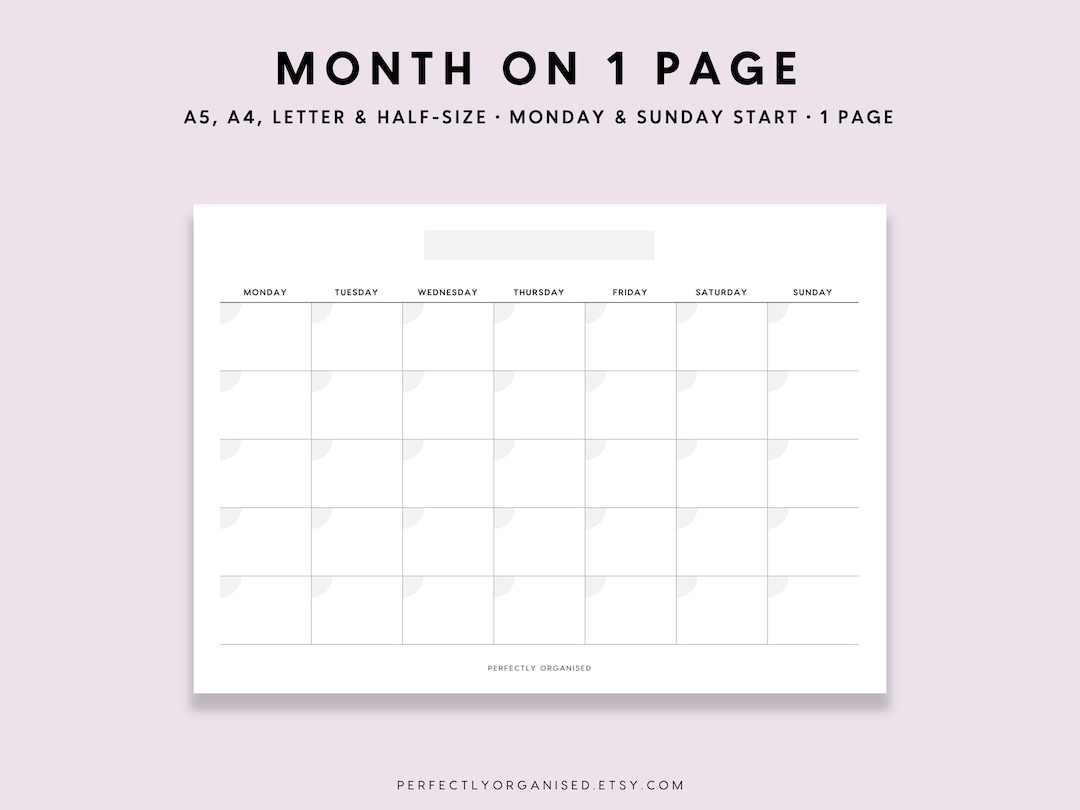 Month on 1 Page Printable: Monthly Planner Pages (A5 A4 Letter PDF) - Etsy