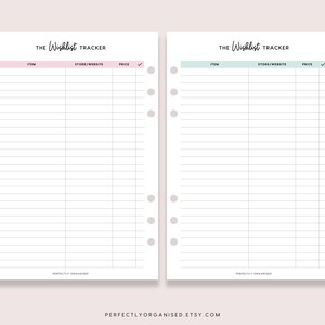 May include: Two white printable wishlist tracker pages. Each page has a header that says "The Wishlist Tracker". The first page has a pink header, and the second page has a teal header. Each page has columns for item, store/website, and price.