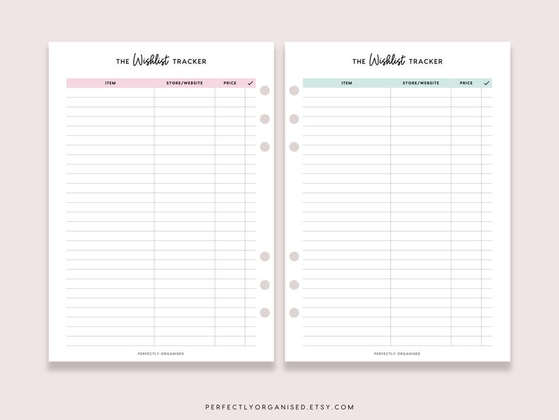 May include: Two white printable wishlist tracker pages. Each page has a header that says "The Wishlist Tracker". The first page has a pink header, and the second page has a teal header. Each page has columns for item, store/website, and price.