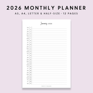 2026 Monthly Planner Printable: Monthly Dates (A5 A4 Letter PDF)
