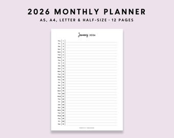 2026 Monthly Planner Printable: Monthly Dates (A5 A4 Letter PDF)
