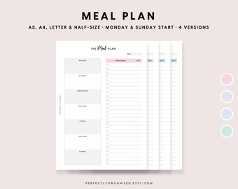 Plano de refeições | Planejador de jantar, planejador de refeições, planejamento de refeições, horário de refeições, diário alimentar, sem data, pastel, A5 meio tamanho carta A4 IMPRIMÍVEL