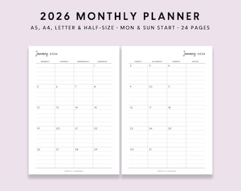2026 Monthly Planner Printable: Lined Month On 2 Pages (A5 A4 Letter PDF)