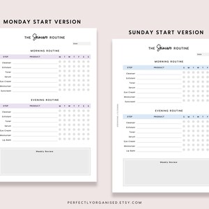 May include: Printable skincare routine tracker with a light purple and gray color scheme. The tracker includes a section for morning and evening routines, with space to list products and check off days of the week. The tracker also includes a section for weekly reviews.