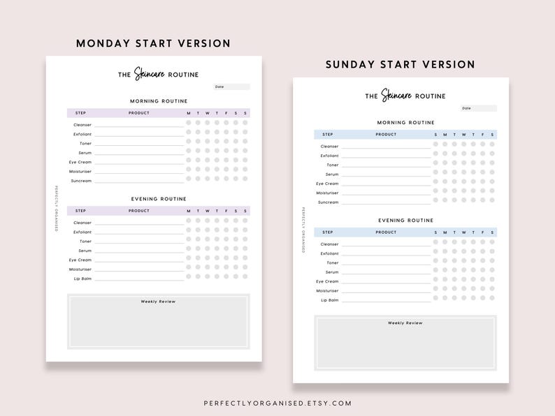May include: Printable skincare routine tracker with a light purple and gray color scheme. The tracker includes a section for morning and evening routines, with space to list products and check off days of the week. The tracker also includes a section for weekly reviews.