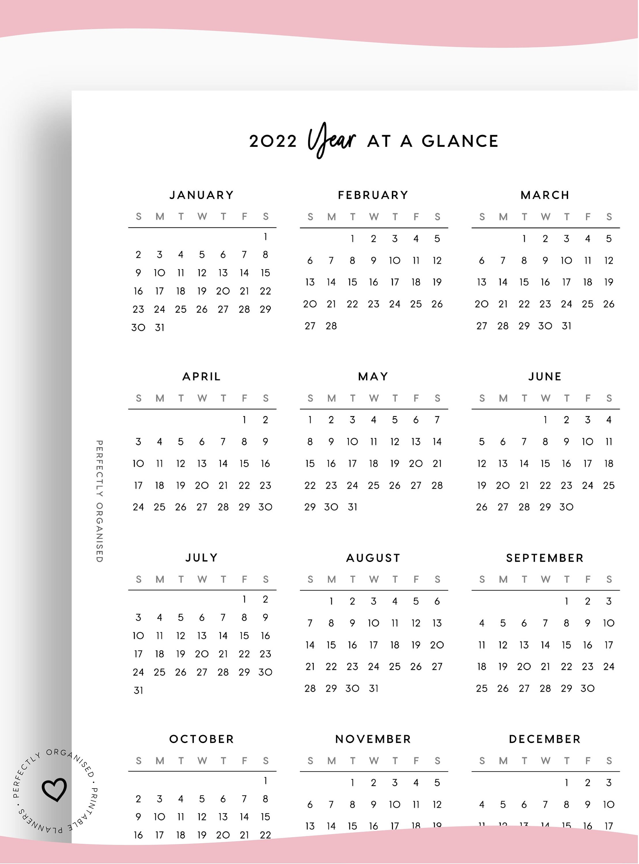 new printable 2022 year at glance important dates 2022 etsy