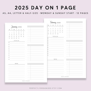 2025 1 ページに 1 日 | 2025 日めくりプランナー、2025 日めくりページ、2025 日めくり 1 ページ、2025 日めくりプランナー、クラシック、A5 ハーフサイズ A4 レター 印刷可能
