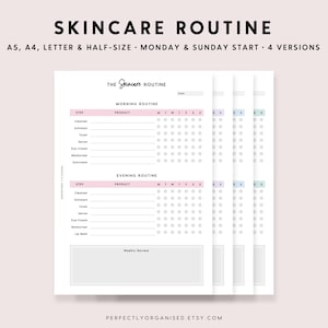 Skincare Routine | Skincare Tracker, Self Care Planner, Morning Routine, Night Routine, Beauty, Pastel, A5 Half-size A4 Letter PRINTABLE