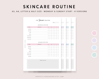 May include: Printable skincare routine tracker with four different color options. The tracker includes sections for morning and evening routines, with space to list products and check off days of the week. The text "The Skincare Routine" is at the top of the page.