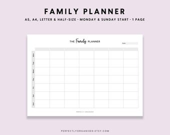 Puede incluir: Una plantilla de planificador familiar imprimible con una cuadrícula en blanco para la planificación. La plantilla está diseñada para una vista semanal e incluye el texto "The Family Planner".