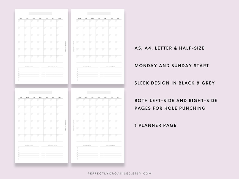 Monthly Planner Printable: Month on 1 Page (A5 A4 Letter PDF) - Etsy