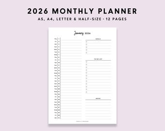 2026 Monthly Planner Printable: Month At A Glance (A5 A4 Letter PDF)