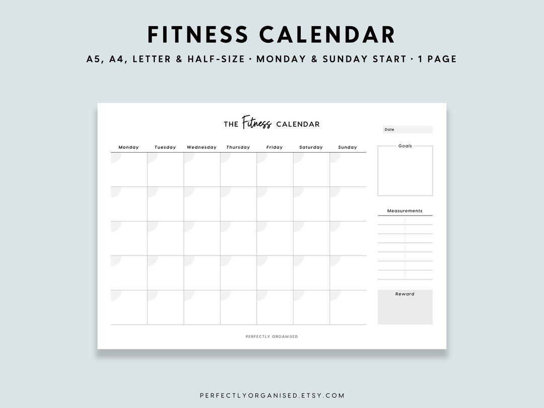 PRINTABLE Fitness Calendar Monthly Workout Calendar, Monthly Fitness ...