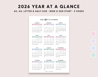 2026 Year At A Glance Printable: Pastel Yearly Calendar, Important Dates (A5 A4 Letter PDF)