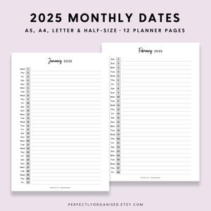 Fechas mensuales de 2025 / Descripción general de 2025, Fechas importantes de 2025, Calendario vertical de 2025, Clásico, A5, tamaño medio, letra A4 IMPRIMIBLE