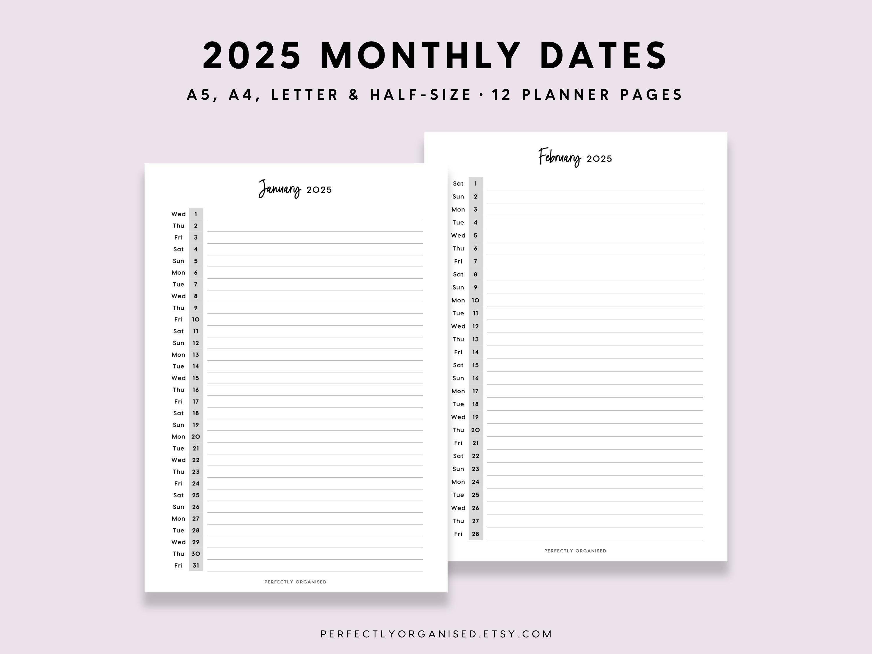 Datas Mensais 2025 | Visão geral de 2025, datas importantes de 2025, calendário vertical de 2025, clássico, A5 meio tamanho carta A4 IMPRIMÍVEL