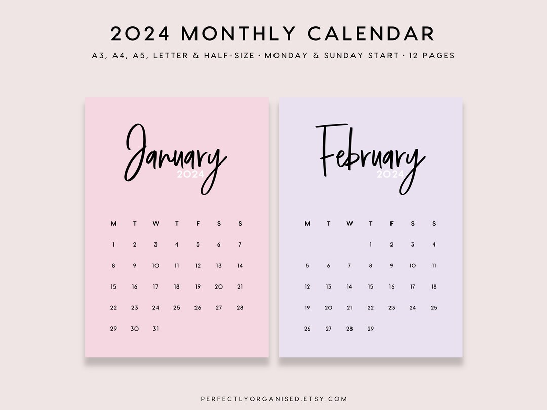 PRINTABLE 2024 Calendar 2024 Wall Calendar 2024 Desk - Etsy Australia