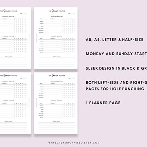 May include: Four printable planner pages with a black and white design. Each page is divided into two sections: Morning Routine and Evening Routine. The pages are labeled "The Grand Routine".