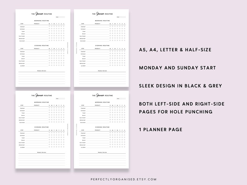 May include: Four printable planner pages with a black and white design. Each page is divided into two sections: Morning Routine and Evening Routine. The pages are labeled "The Grand Routine".