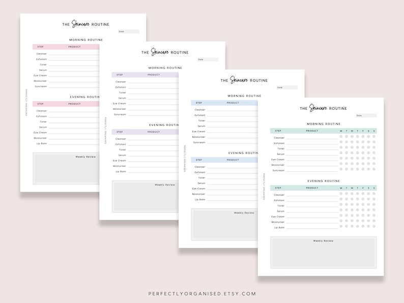 May include: Four printable skincare routine trackers with different color schemes. Each tracker includes sections for morning and evening routines, with space to list products and steps. The last tracker also includes a weekly review section and a grid for tracking daily use.