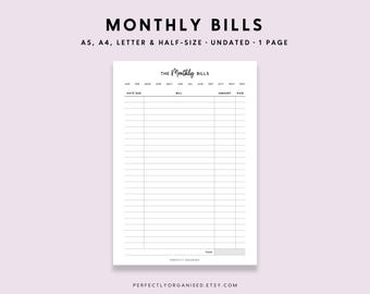 Monthly Bills Printable: Budgeting Pages (A5 A4 Letter PDF)