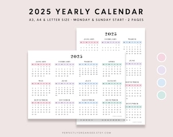 2025 Yearly Calendar | 2025 Yearly Planner Printable, 2025 Desk Calendar, 2025 Calendar Printable, Pastel, A3 A4 Letter PRINTABLE